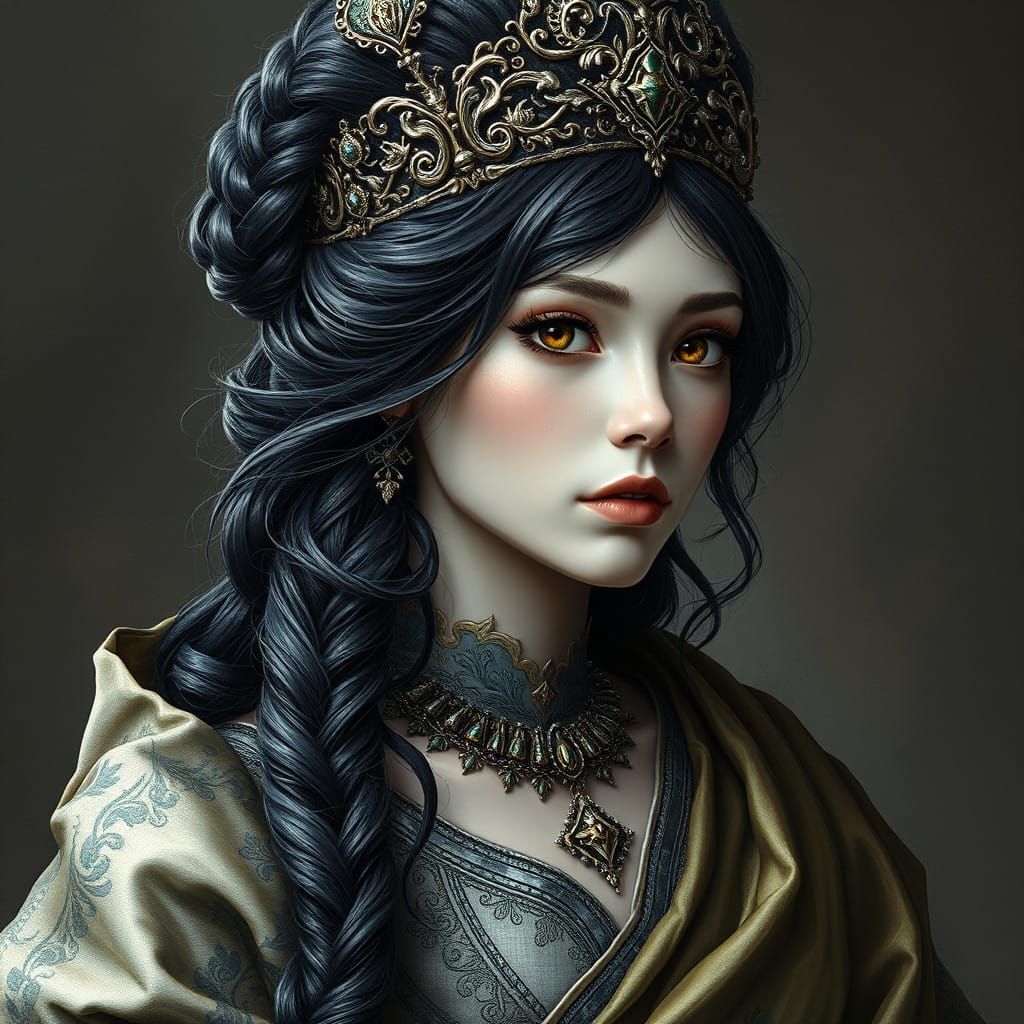 Elegant Medieval Noblewoman in Charcoal Portrait