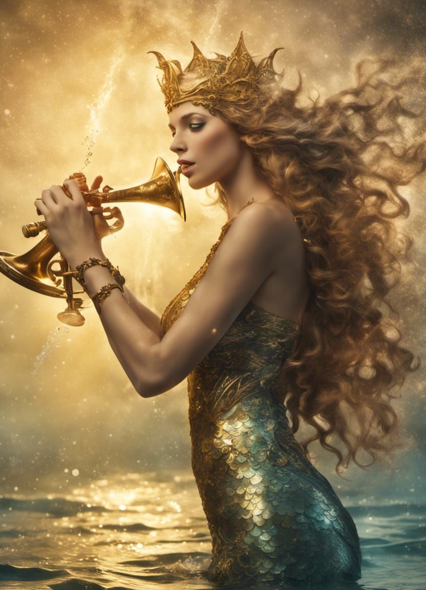Art Nouveau Mermaid High Priestess with Triton Trumpet