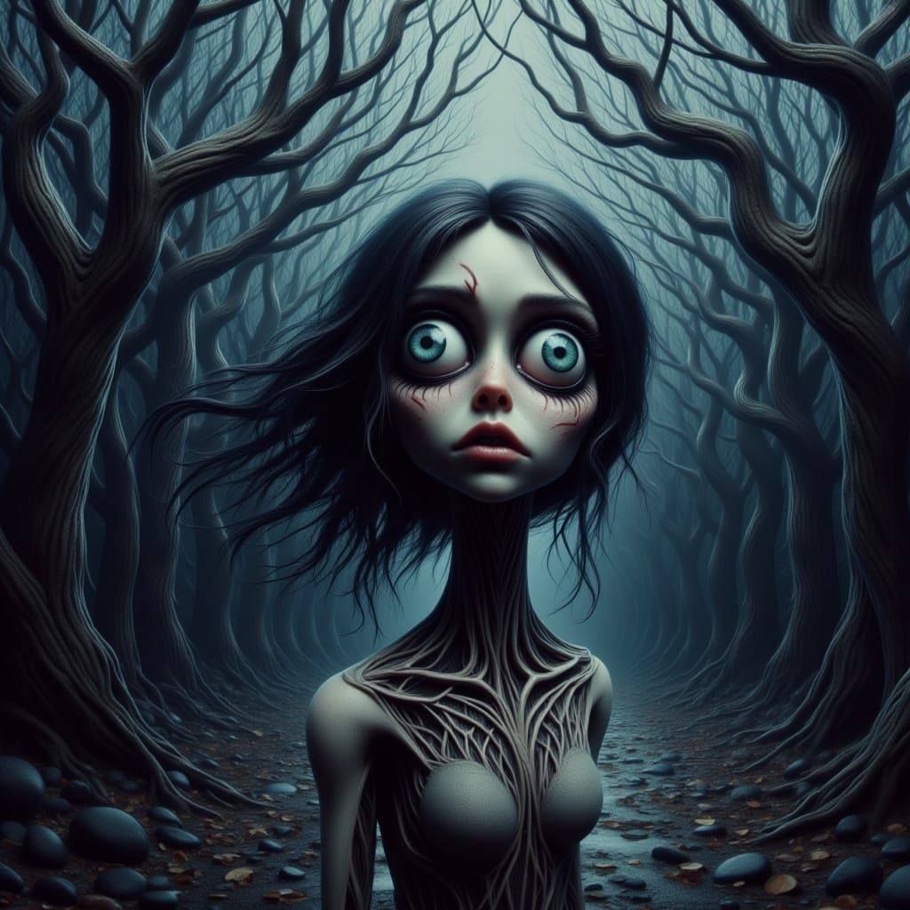 Steampunk Woman Tormented by Twisted Trees in a Distressing ...