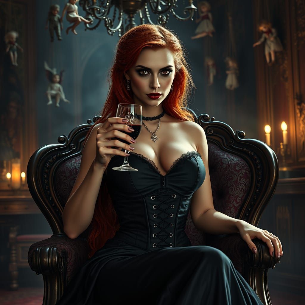 Seductive Vampire in Gothic Chamber: Dark Fantasy Art