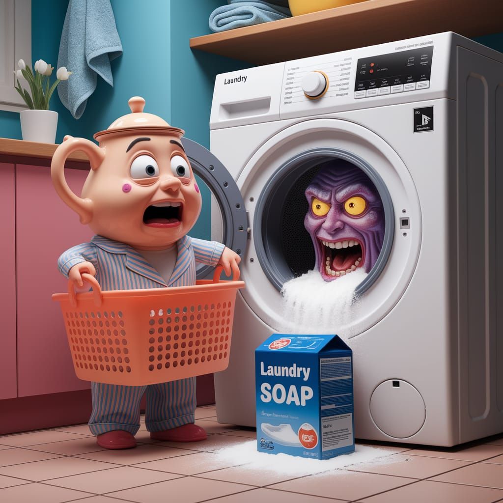 Terrified Teapot Doing Laundry: Hyperrealistic Digital Art
