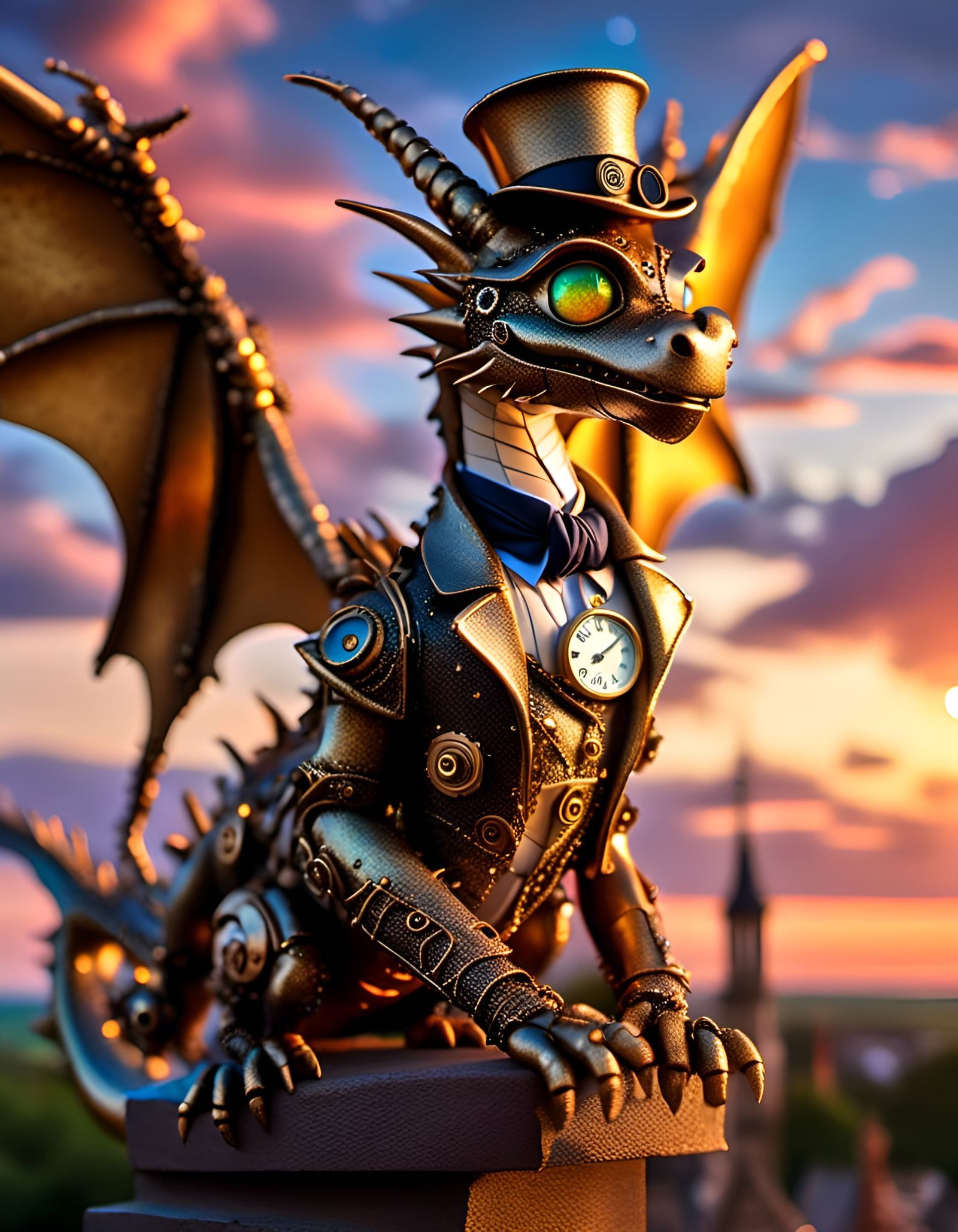 Steampunk Dragon Sculpture in Anime Key Visual Style