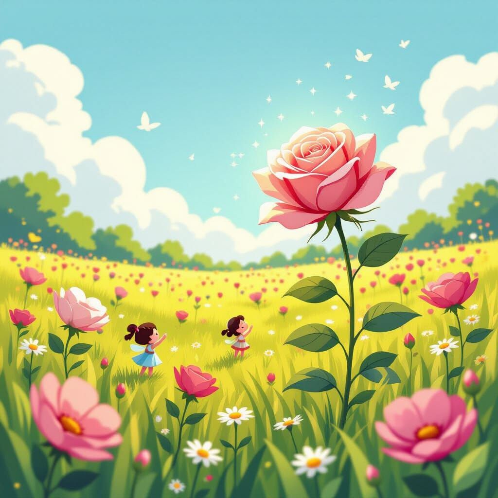 Magical Meadow with Giant Flowers and Light-Radiating Rose