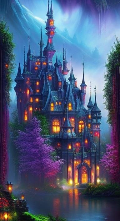 Dark Fantasy Castle Under Starry Night Sky