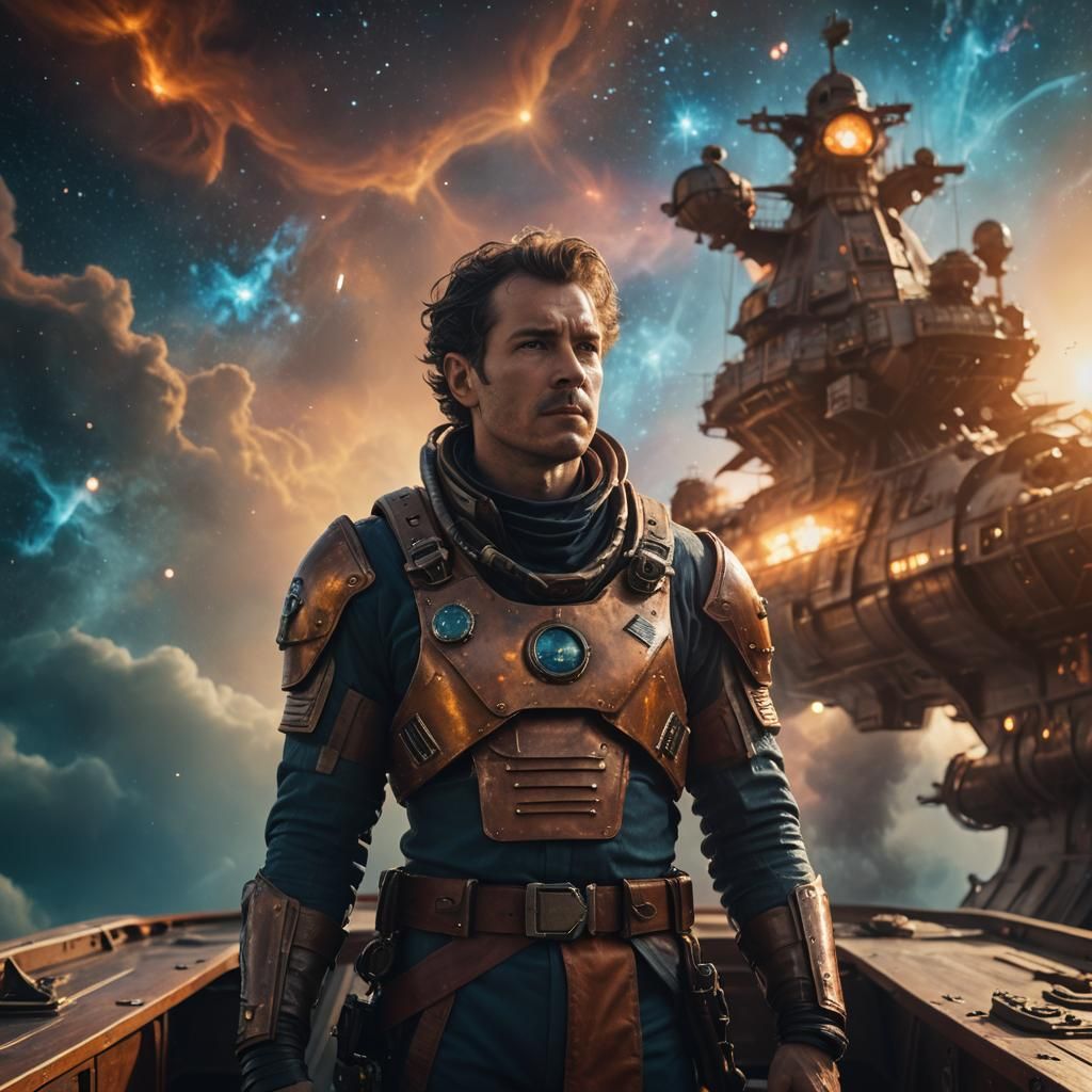 Spelljammer Pilot Gazing at Nebula in Cinematic Style