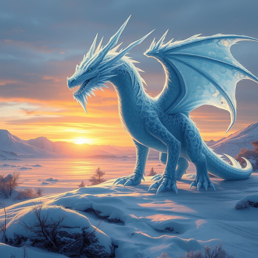 Winter Dragon in a Futuristic, Mythological Landscape