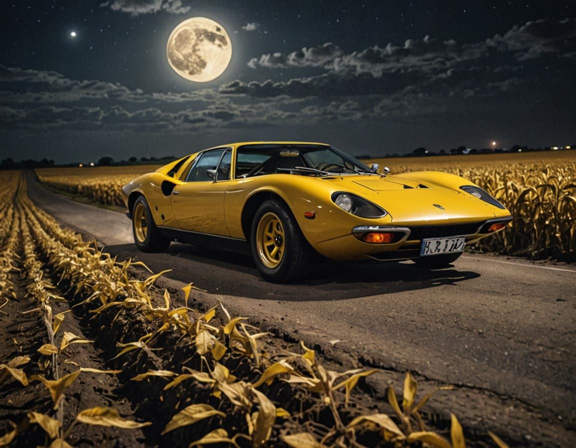 Yellow Lamborghini Miura at Night