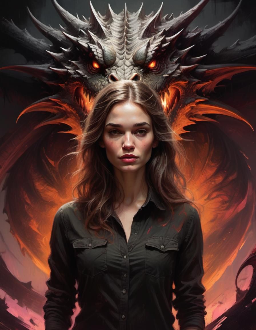 Woman Surrounded by Dragon and Portal, Photorealistic