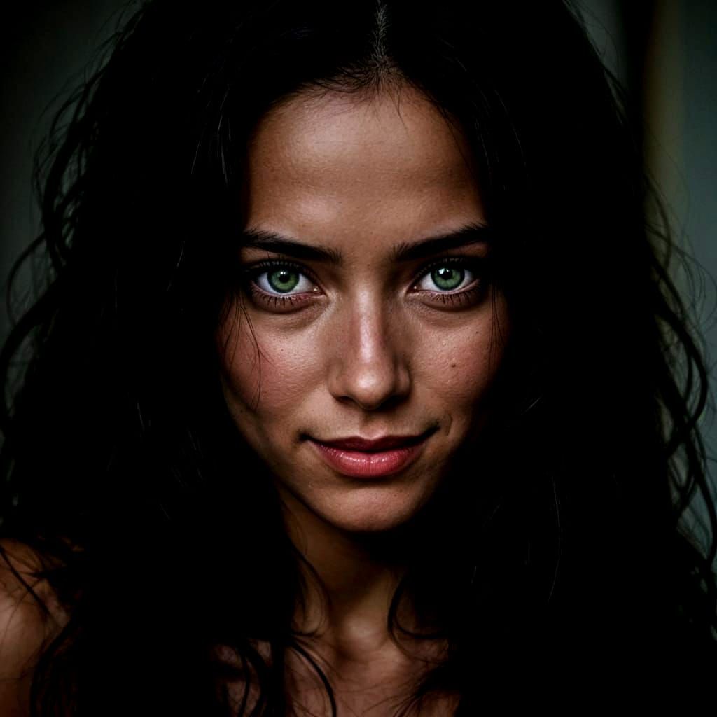 Enigmatic Woman with Green Eyes and Tanned Skin