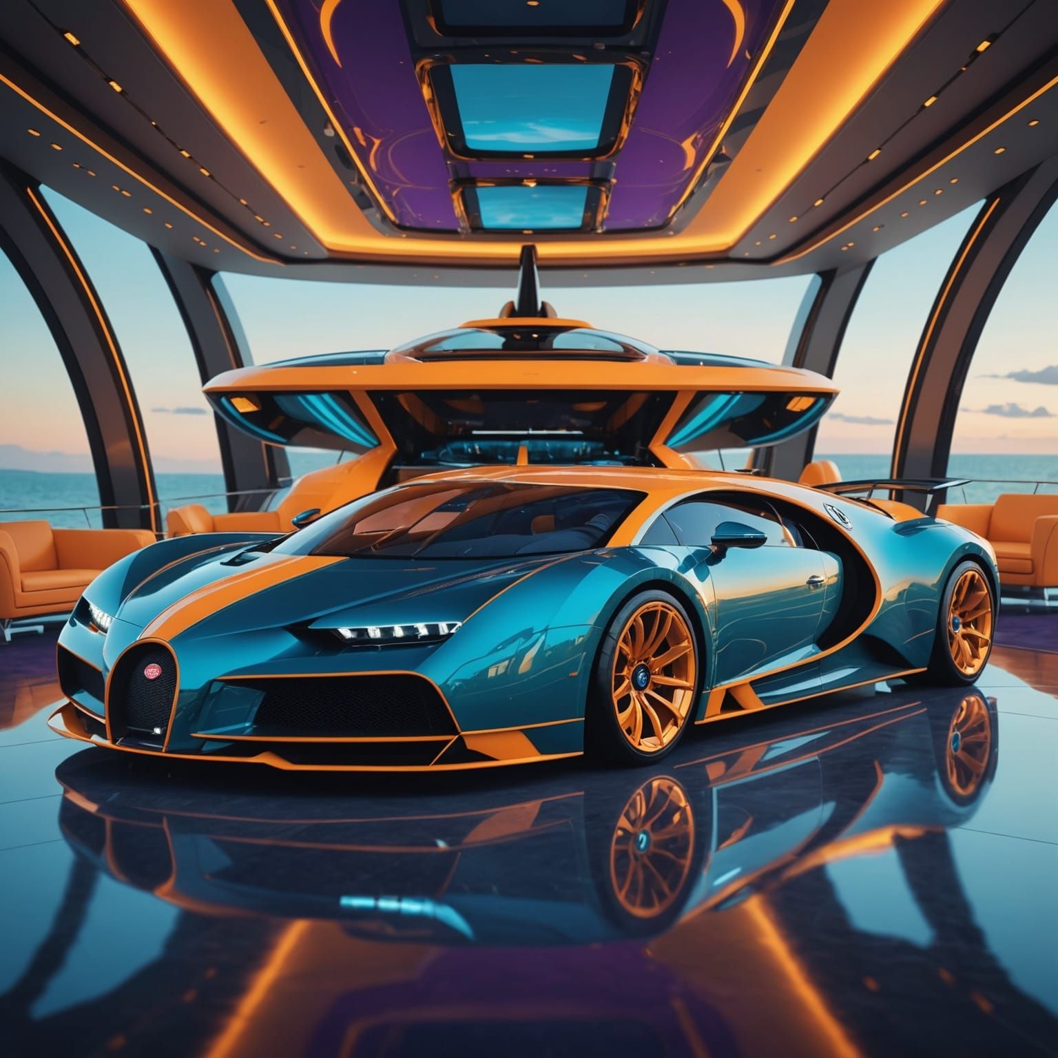 Luxurious Yacht with Futuristic Bugatti: Modern Concept Art