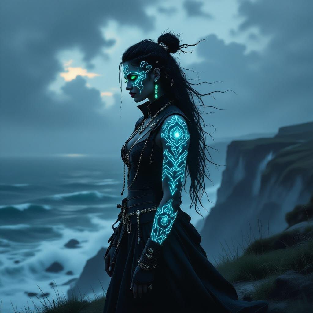 Figure with Glowing Tattoos on Stormy Cliff