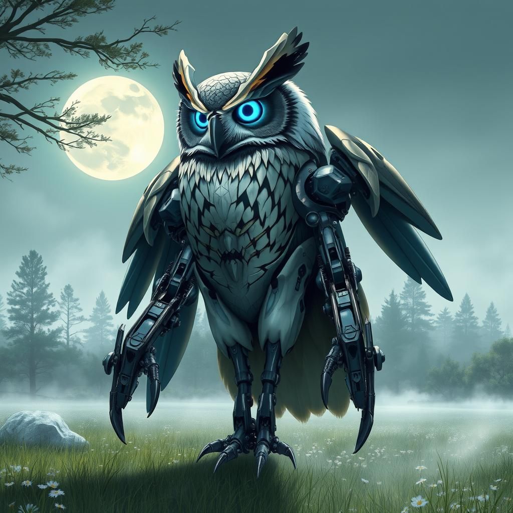 Owl Gundam Hybrid in Moonlit Meadow