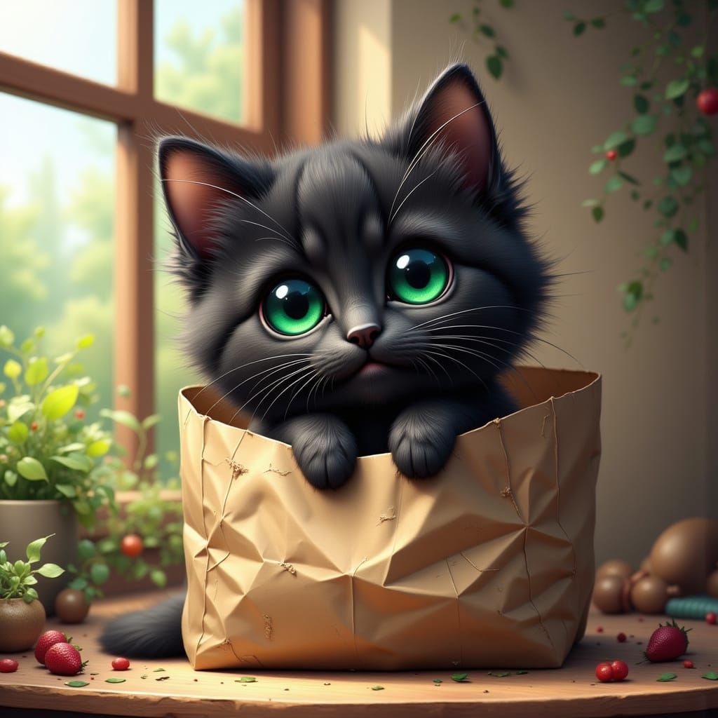 Playful Kitten Peeks Out in Anime Art Style
