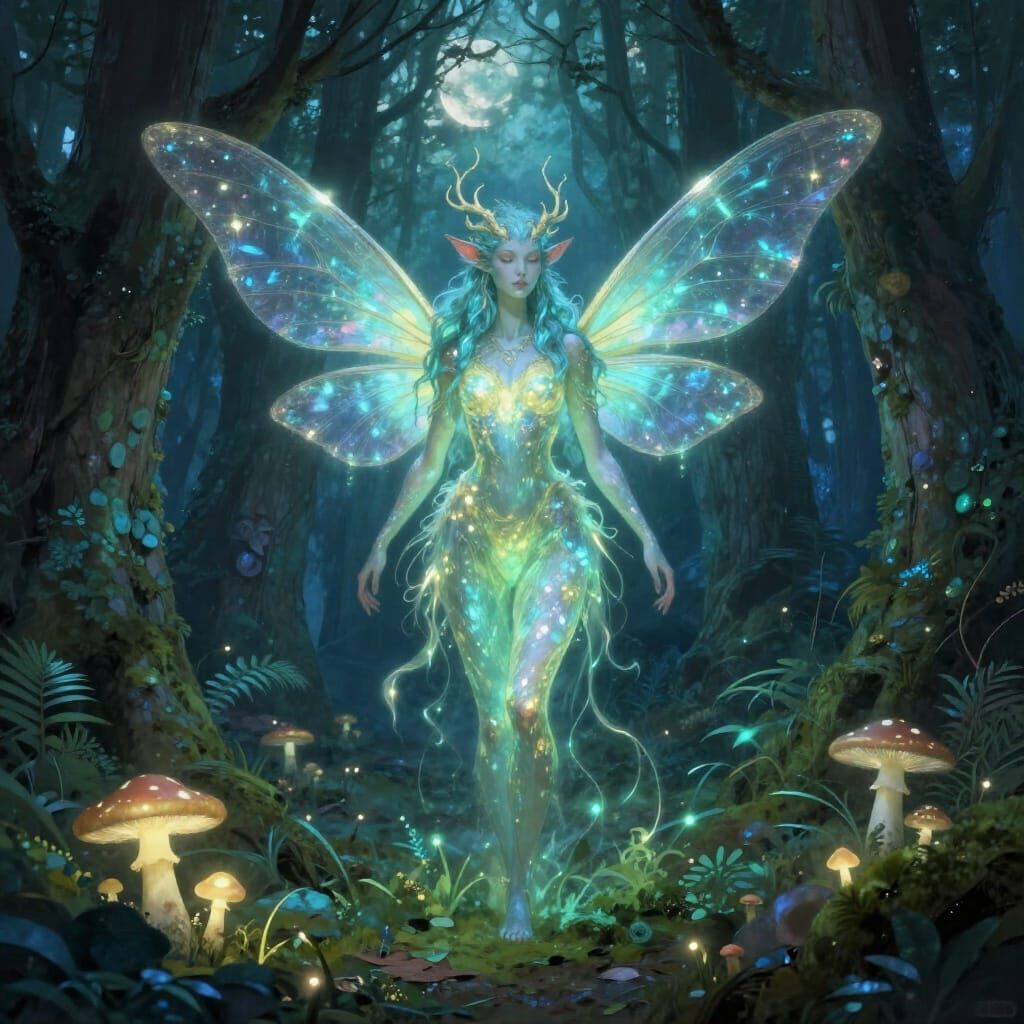 Ethereal Fae Guardian of Mother Gaia in Moonlit Forest