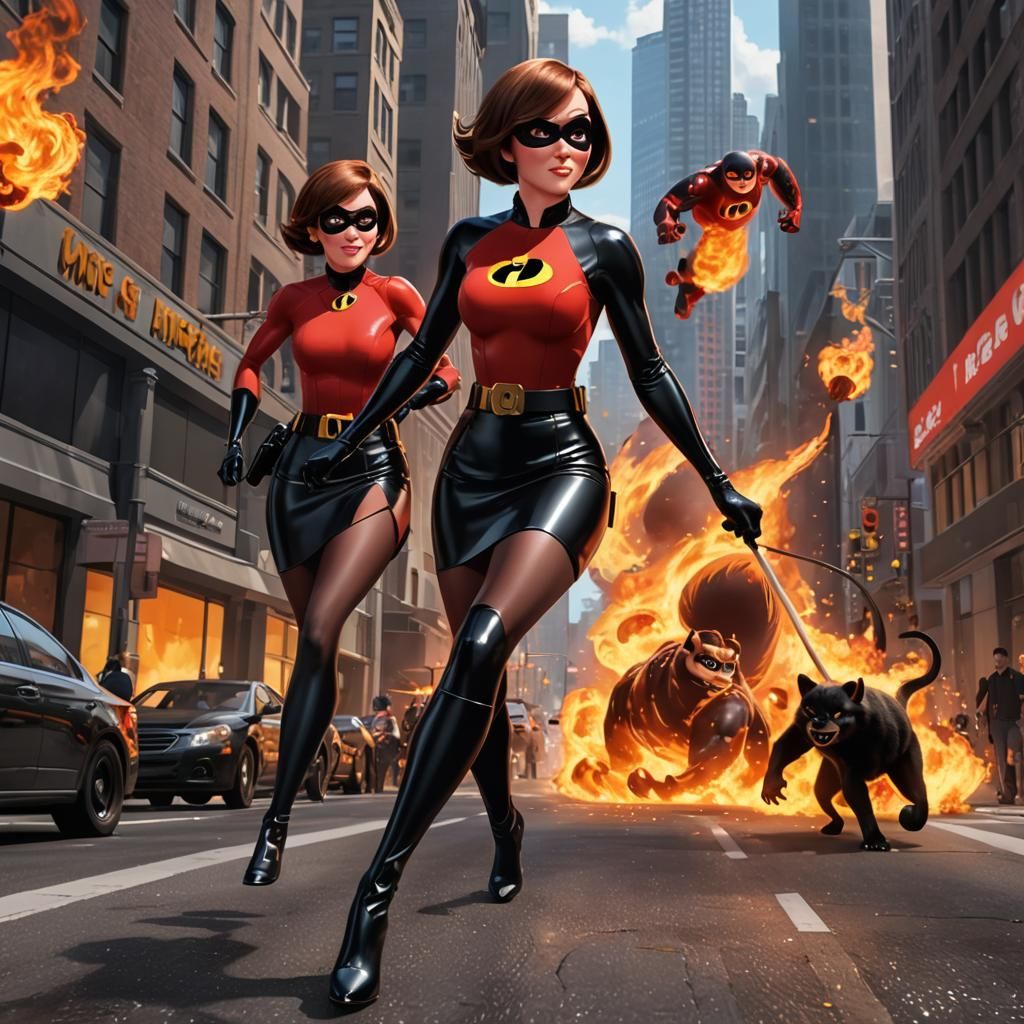 Incredible Helen Parr Chases Fire Monster: 3D Anime Art