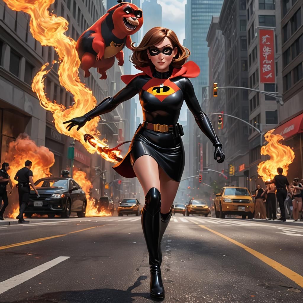 Helen Parr Chasing Fire Monster in Metropolis, 3D Anime Art