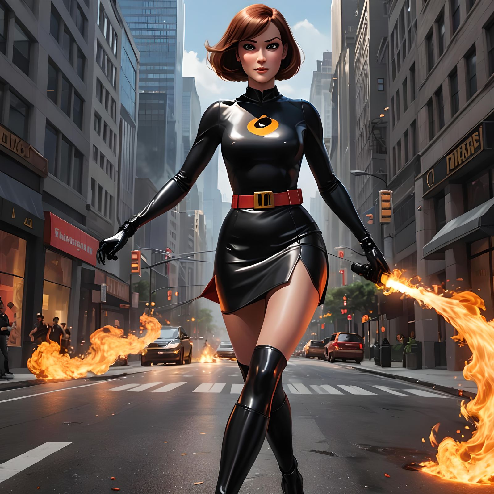 Mrs. Incredible Chases Fire Monster: 3D Anime Art