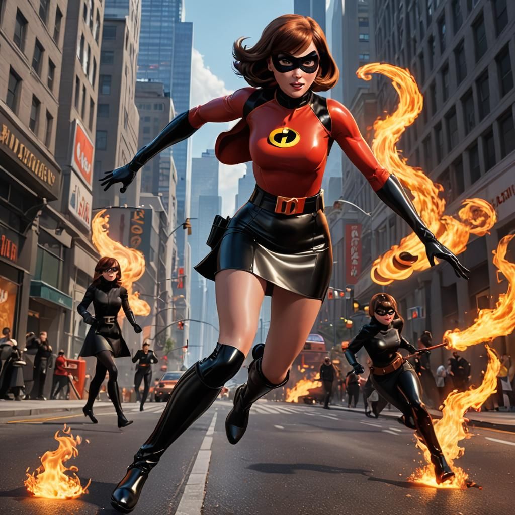 Incredible Helen Parr Chases Fire Monster: 3D Anime Art