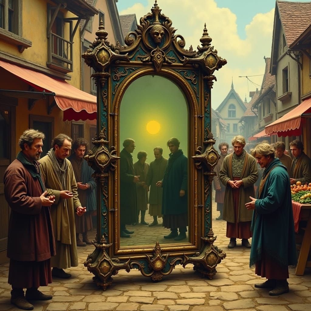 Cursed Mirror in Brueghel-Inspired Village Market