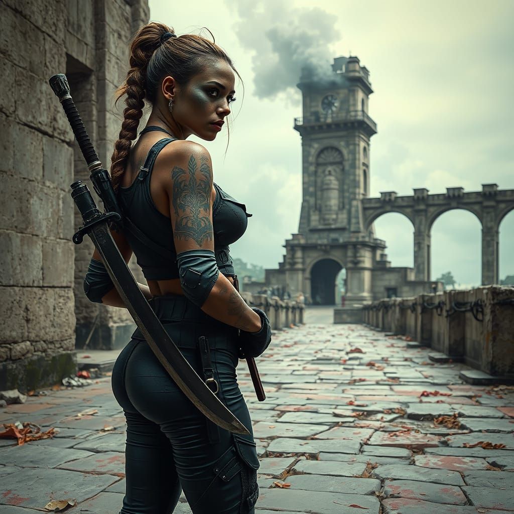 Ethereal Warrior in Cyberpunk Ruins