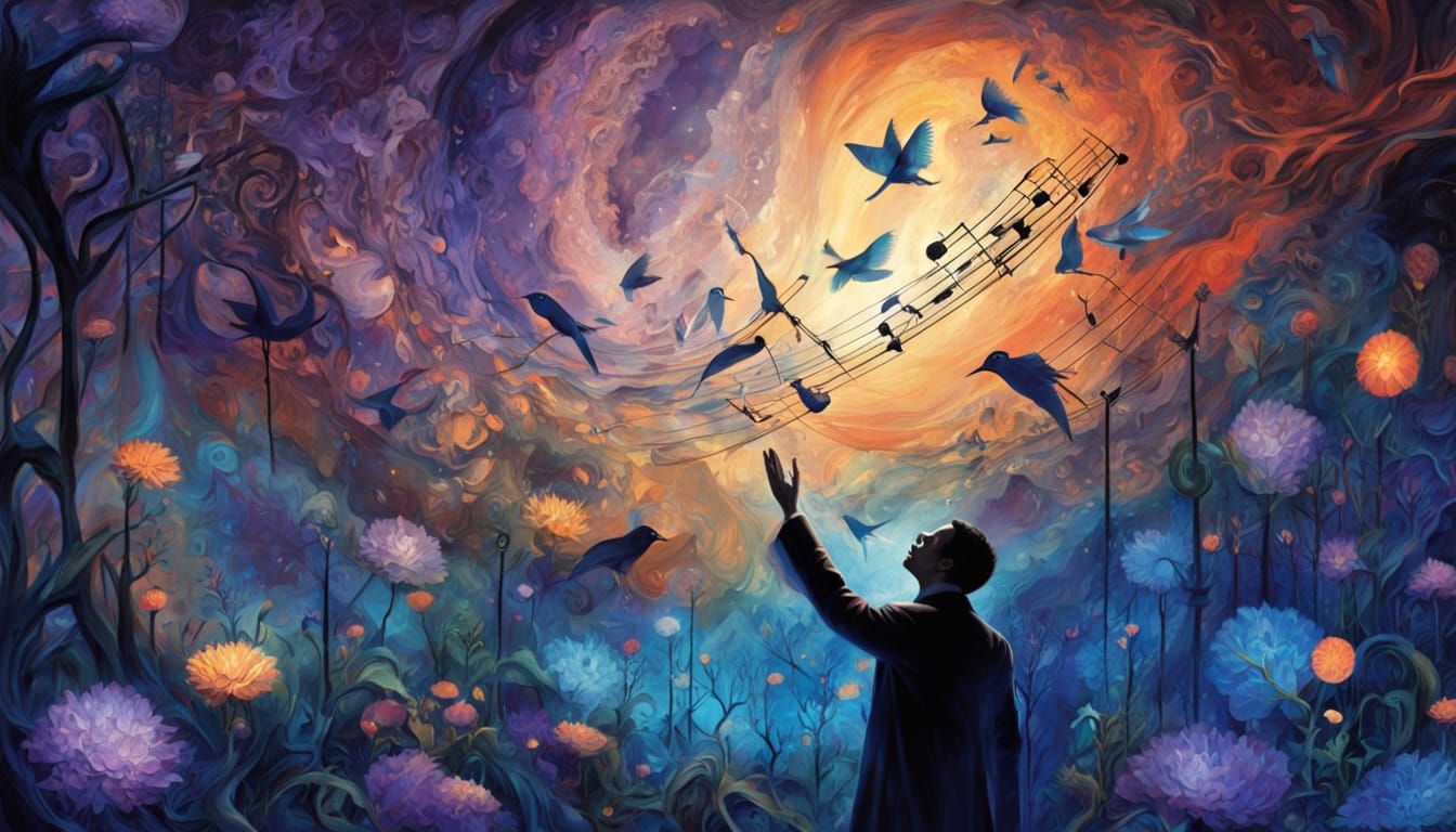 Ethereal Conductor Transforms into Music Notes and Birds
