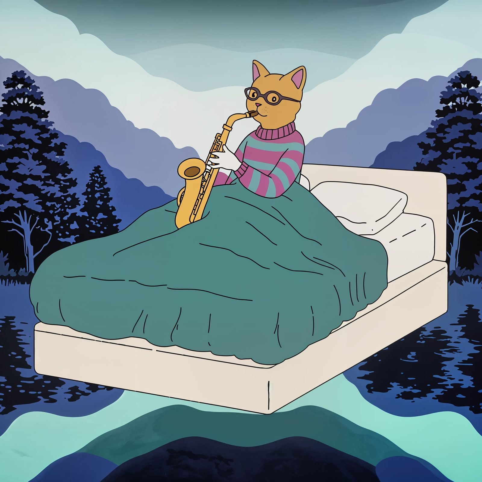 Anime Cat Saxophonist on Floating Bed in Pop Art