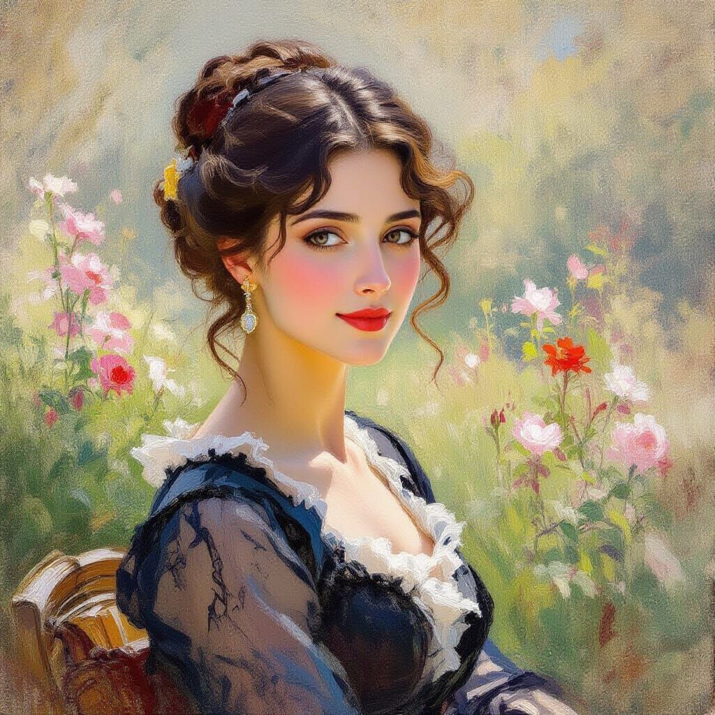 Elegant Woman in Garden, Impressionist Style