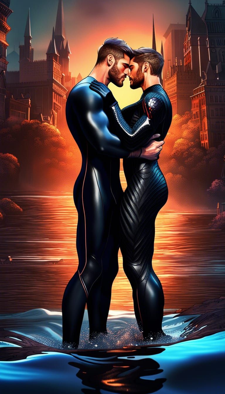 Passionate Kiss Between Two Men in Wetsuits