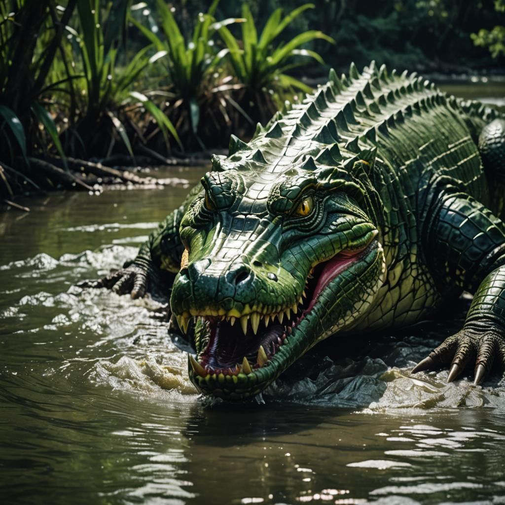 Menacing Crocodile in River: Cinematic Film Still