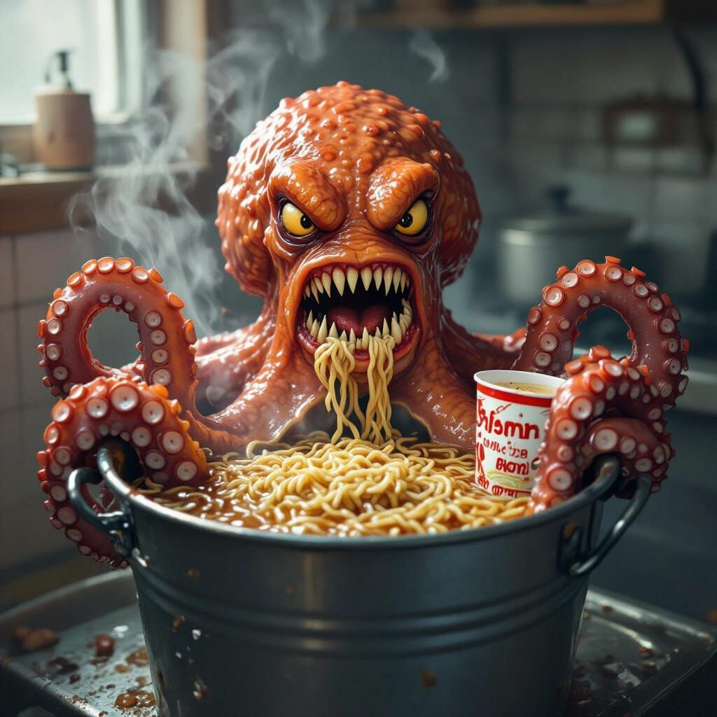 Angry Octopus Cooks Ramen in Boiling Water