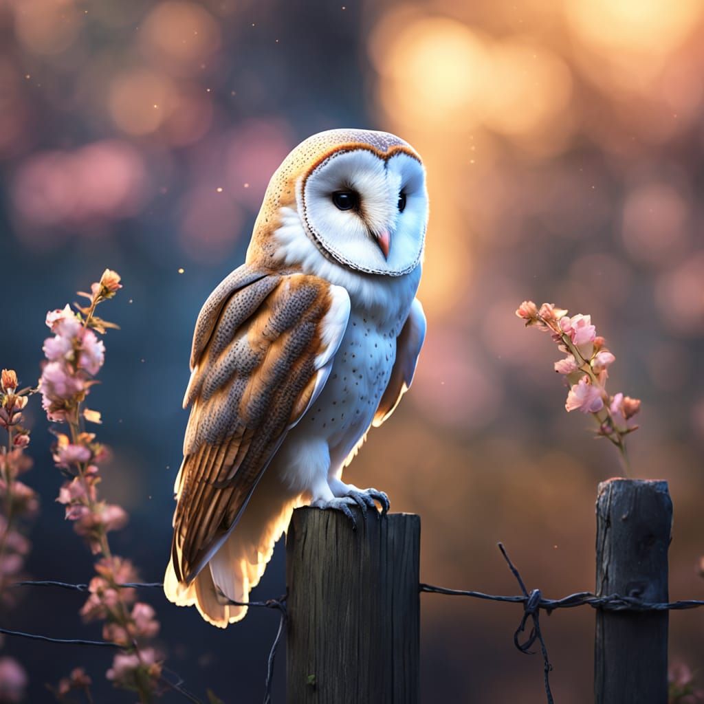 Ethereal Barn Owl with Bioluminescent Flowers