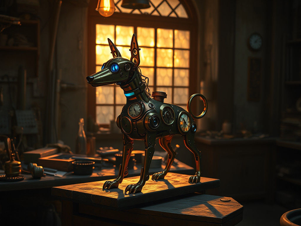 Steampunk Clockwork Canine in Inventor's Workshop