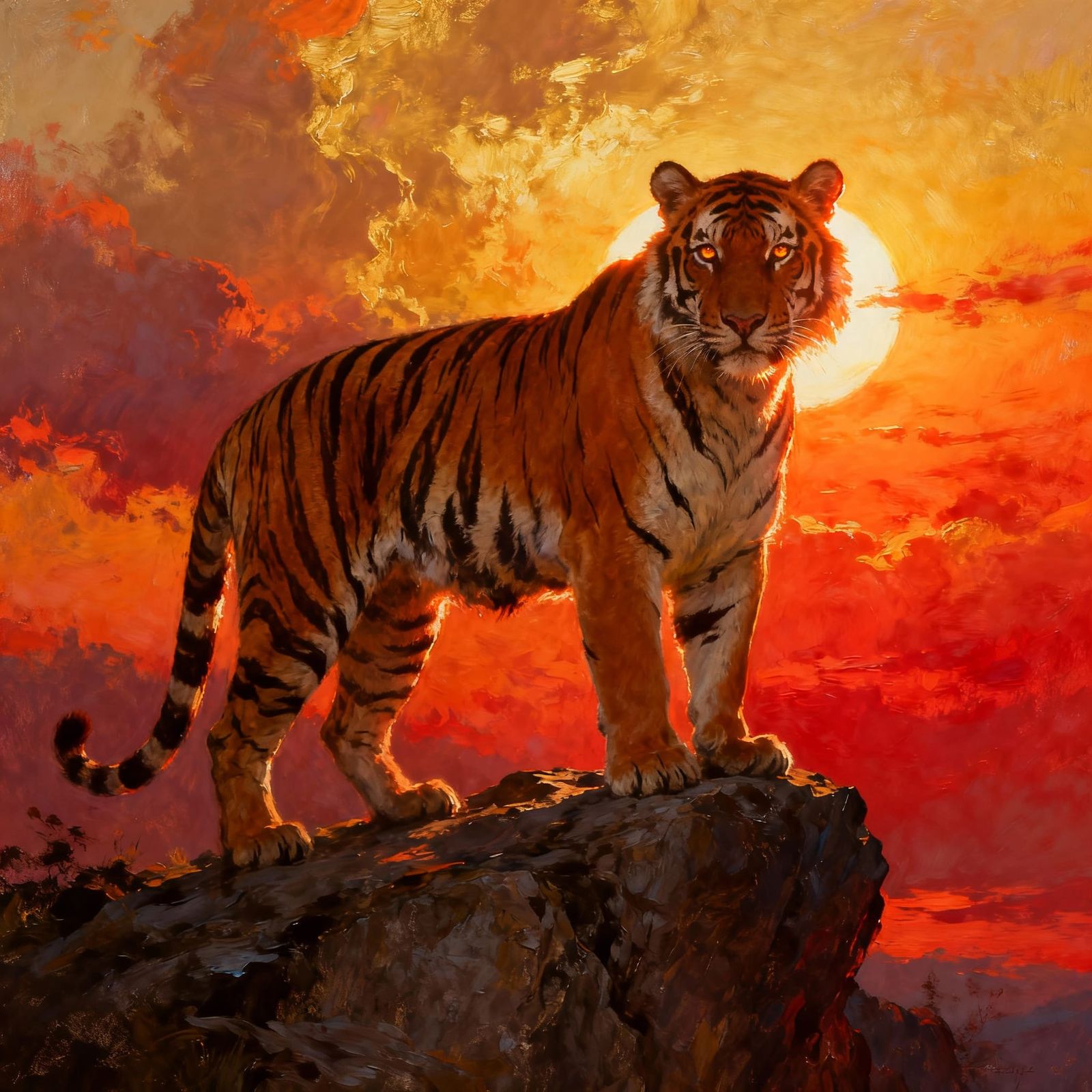 Majestic Bengal Tiger at Fiery Sunset
