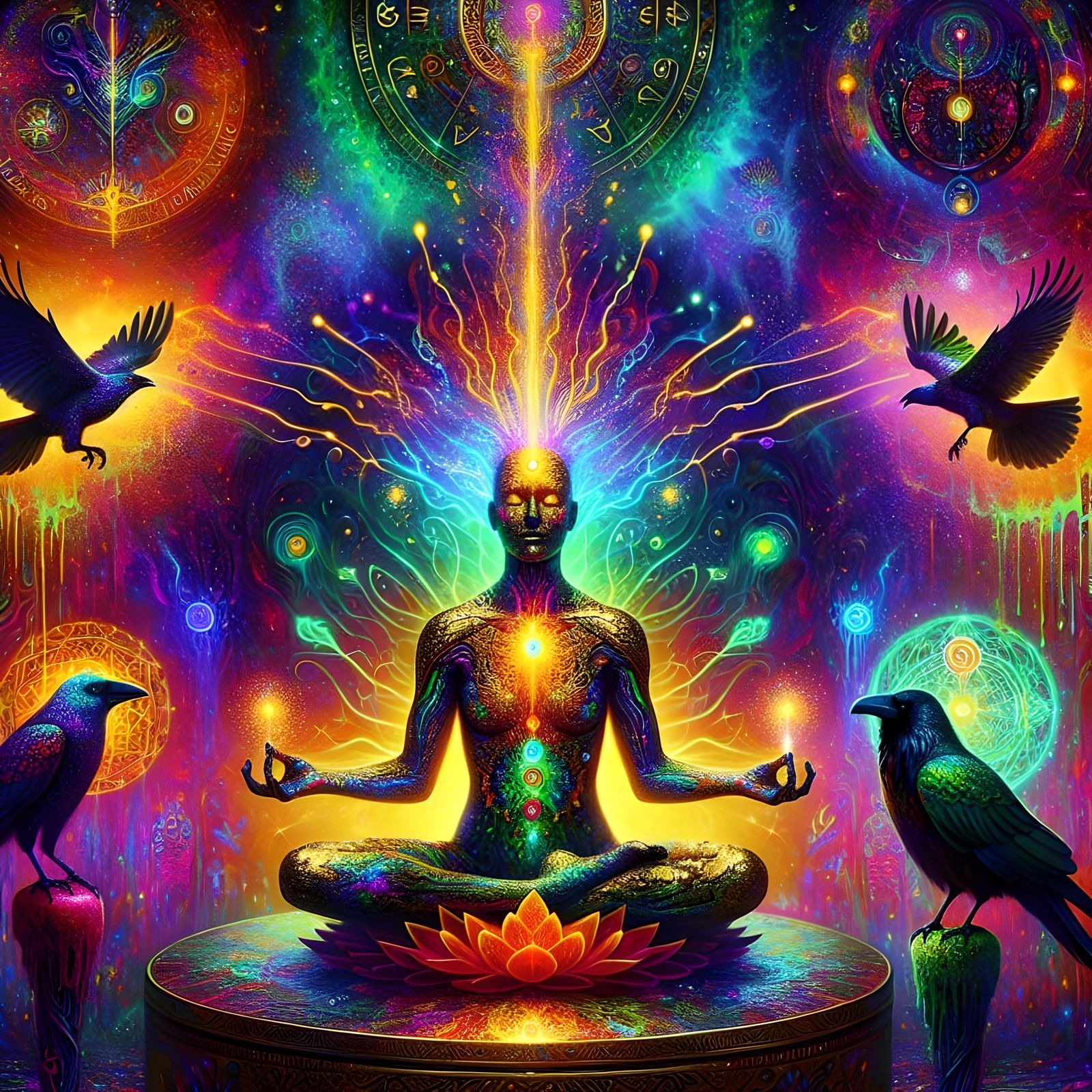 Mystical Goddess Meditating at Vibrant Rave