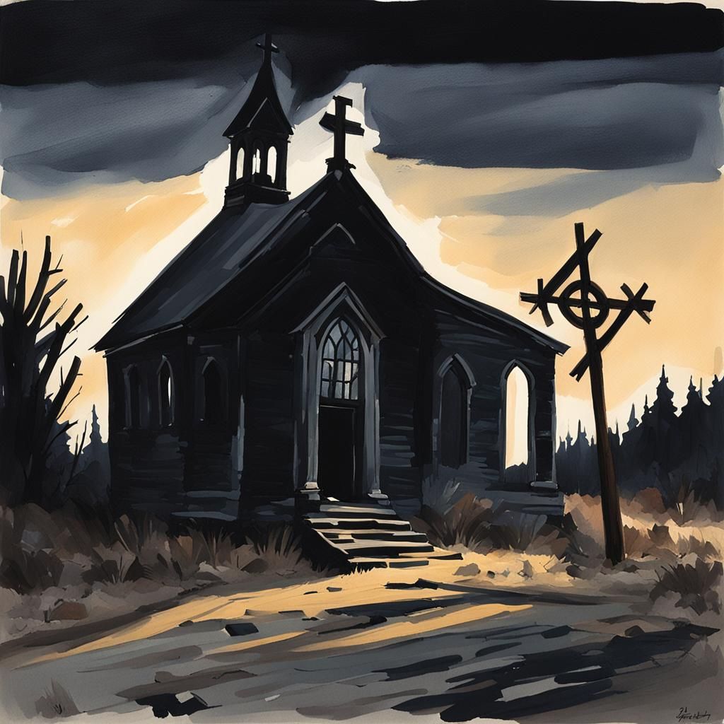 Ghost Town Chapel: A Dark Gouache Painting