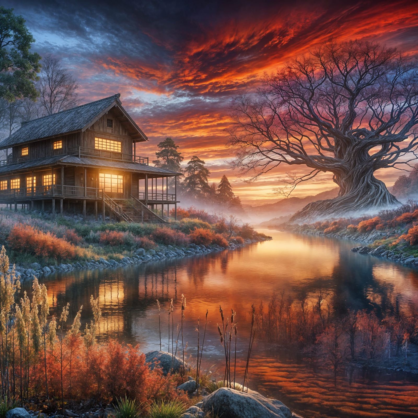 Magical Sunset River Landscape with Japanese House
