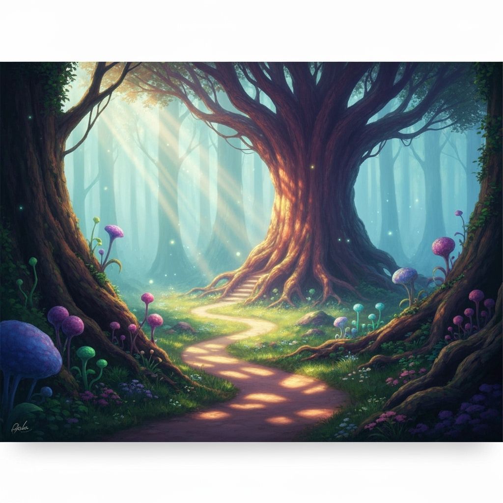 Mystical Art Witch in Forest Before Ancient Tower