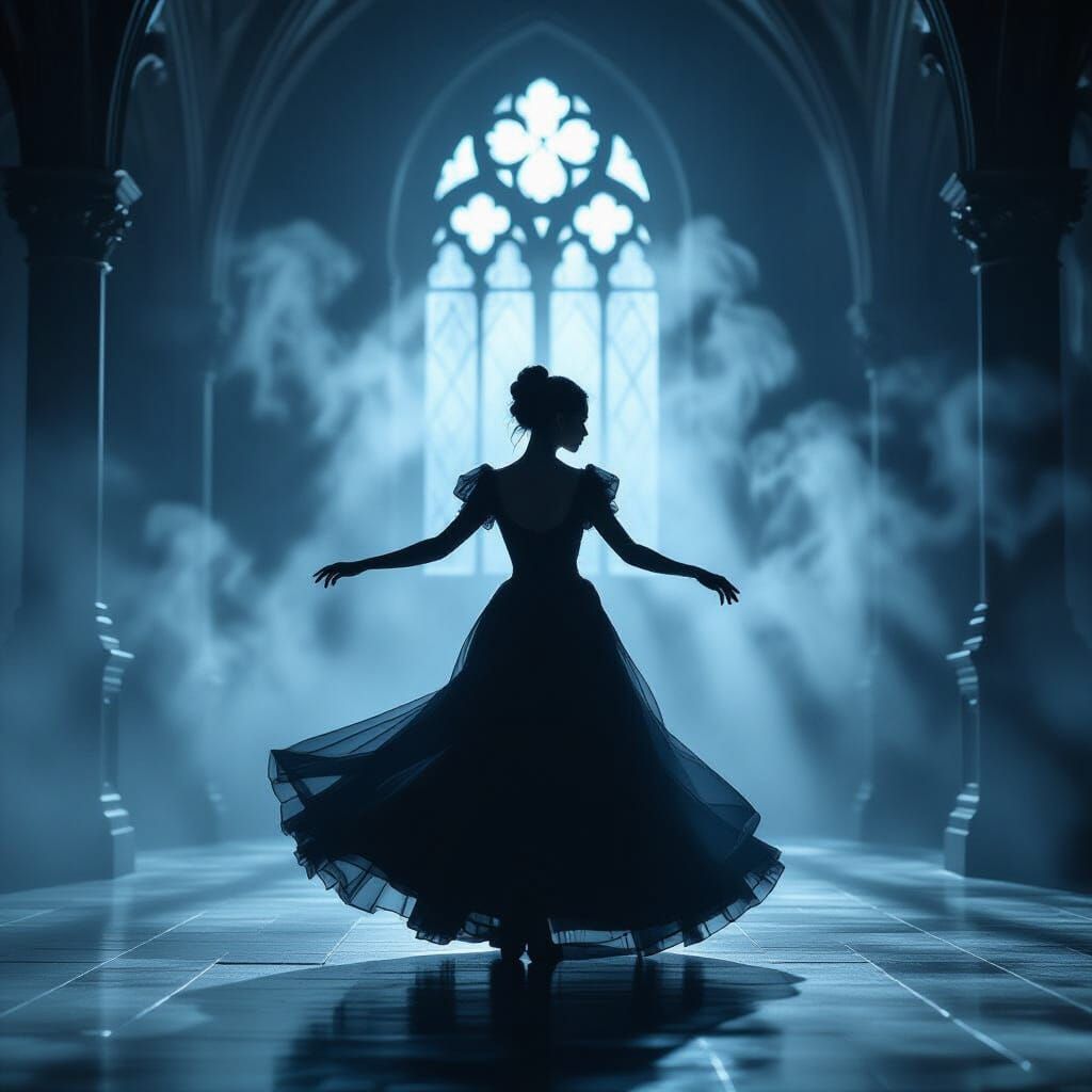Figure Dances with Shadows in Decaying Gothic Ballroom