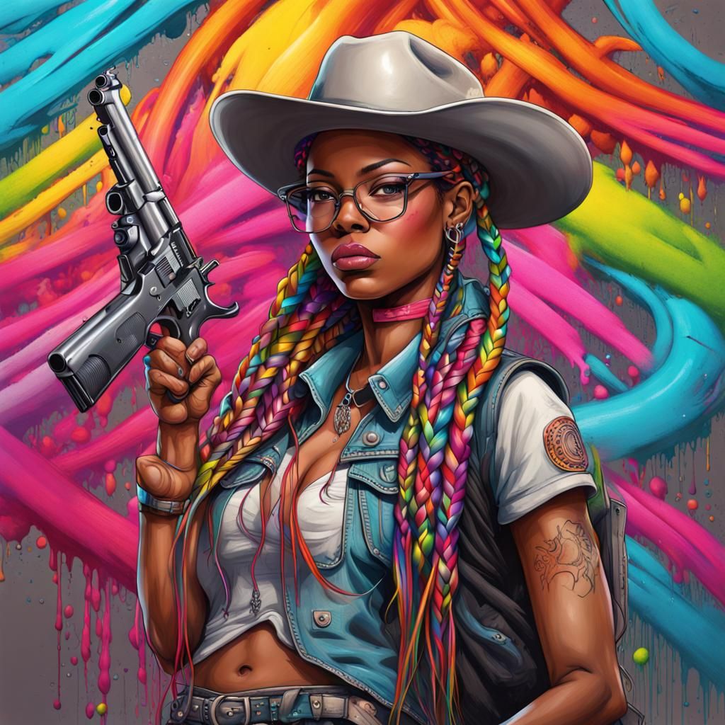 African American Cowgirl with Rainbow Braids in Graffiti Art