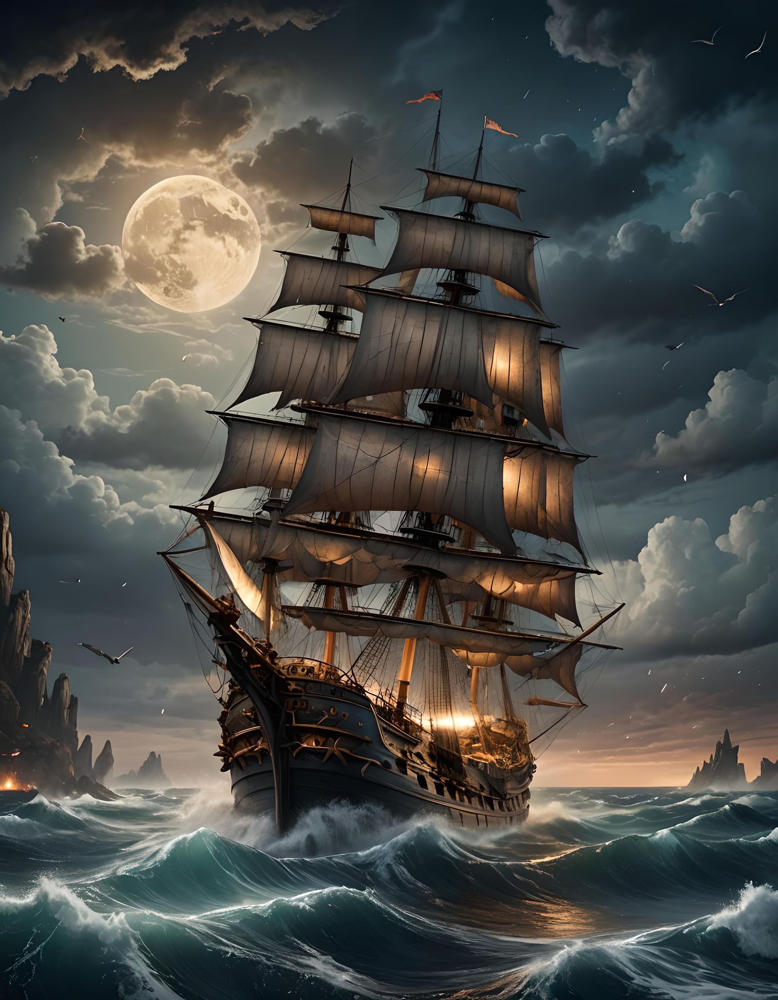 Sailing Ship on Rough Sea at Night