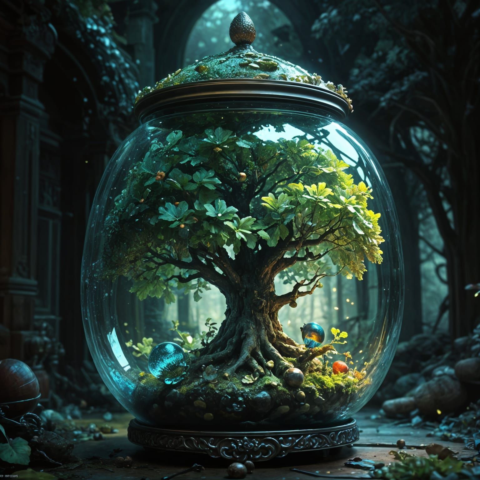 Glass Acorn Masterpiece: Vibrant Oak Tree Terrarium