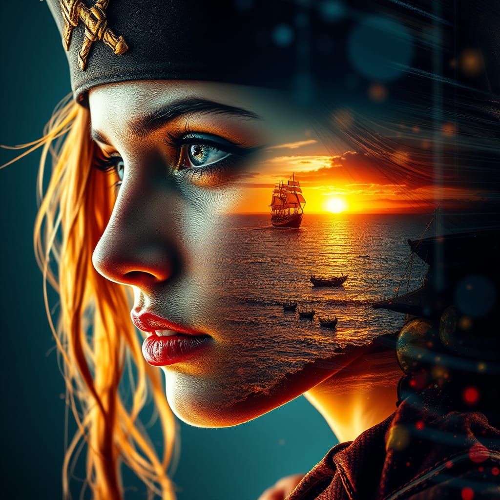 Female Pirate Double Exposure: Seas and Sunset