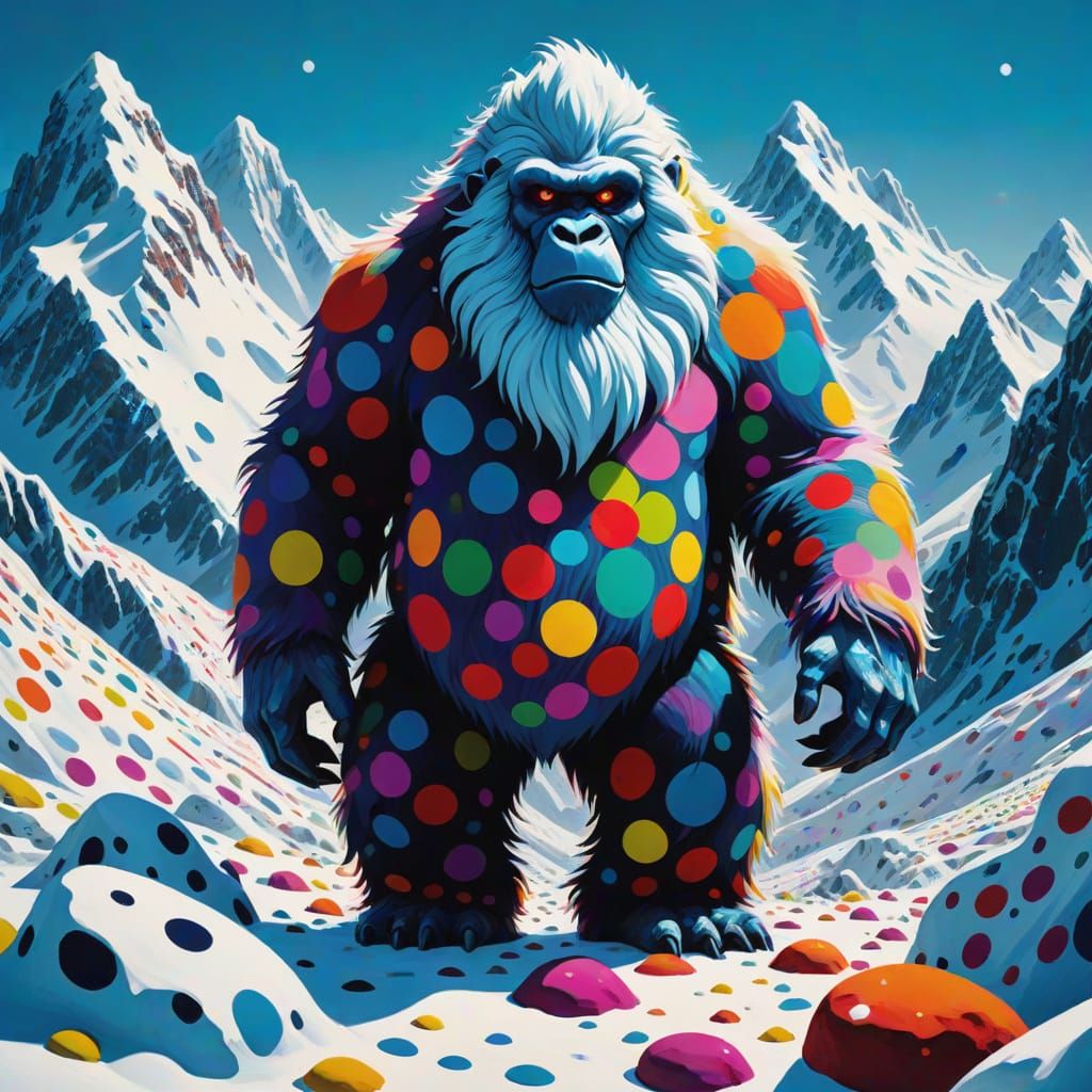 Yeti in Snowy Mountains with Psychedelic Polka Dots