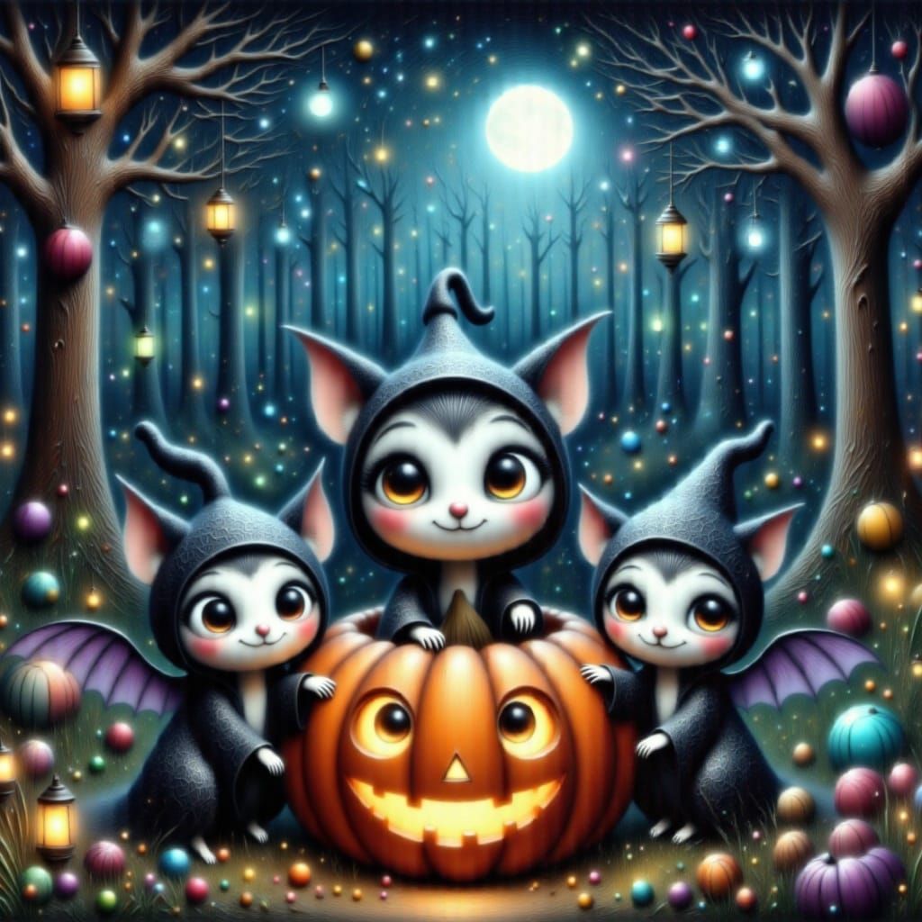Adorable Cartoon Bats Fluttering Around Halloween Pumpkin