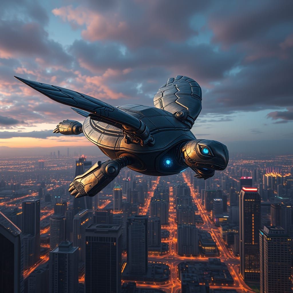 Majestic Robotic Turtle Soars Through Futuristic Metropolis