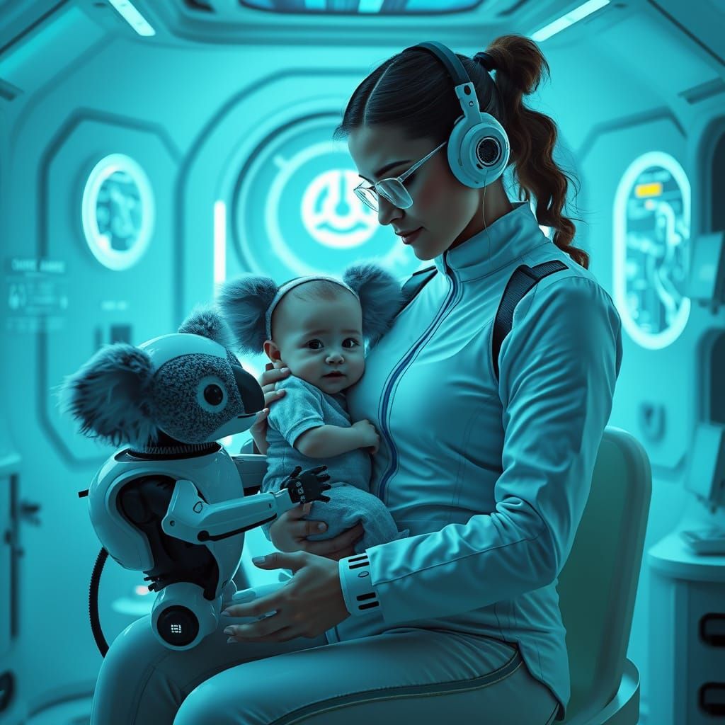 Mother and Child in Futuristic Nursery with Robotic Assistan...