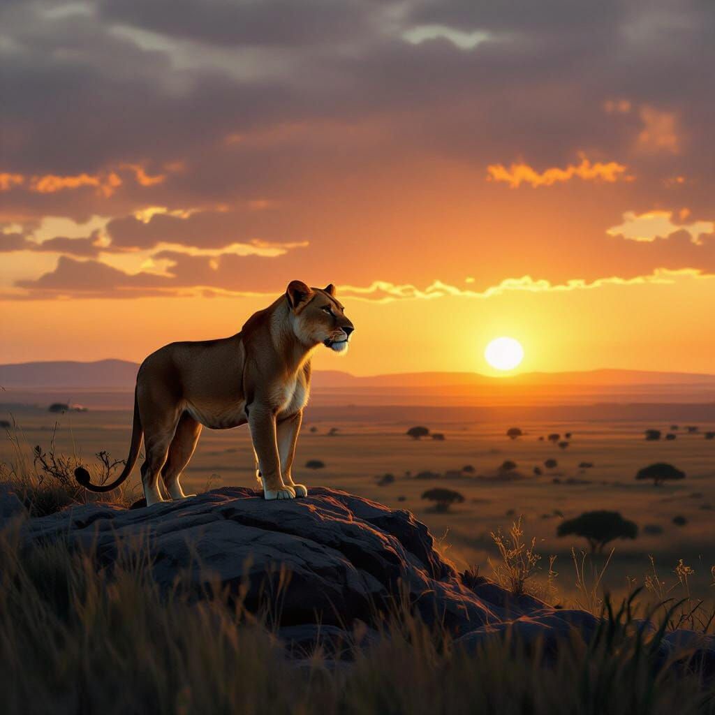 Lioness Contemplates Sunset Over Savanna in Cinematic Style