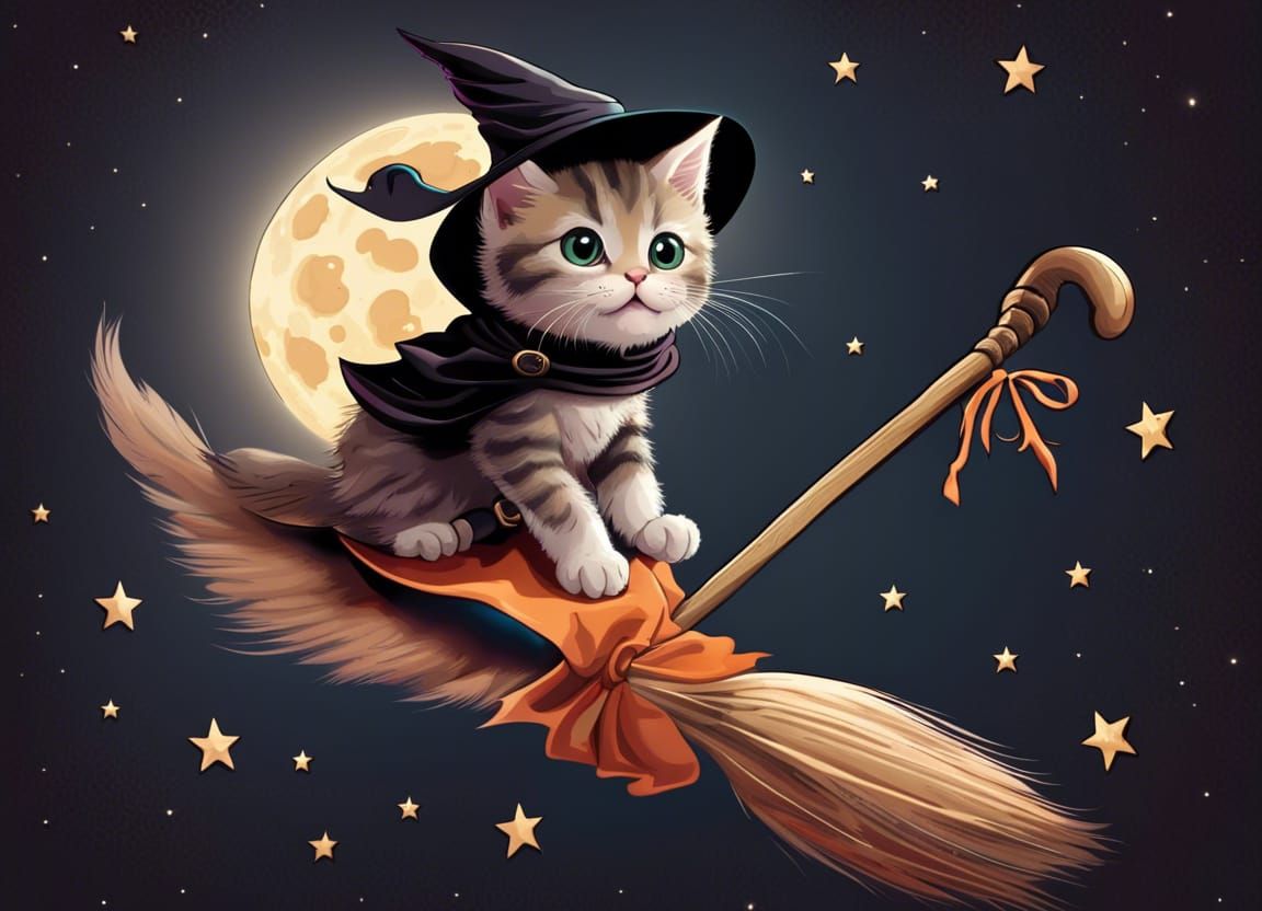 Cute Kitten Witch Flying to the Moon