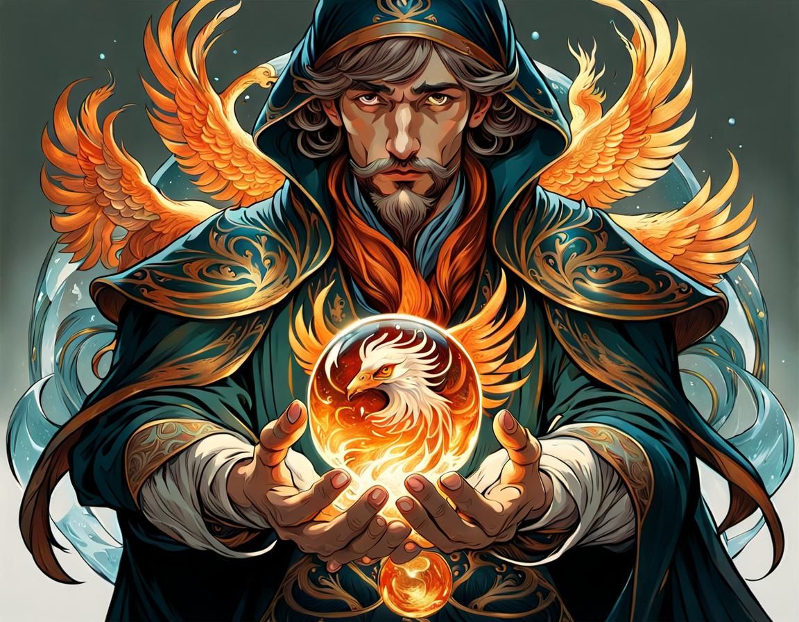 Young Mage with Icy Phoenix, in Art Nouveau Style