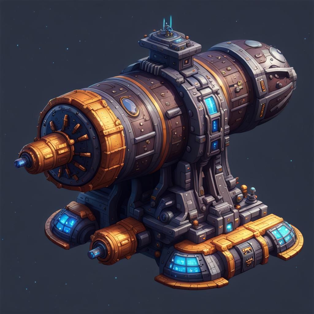 Isometric Pixel Art Spaceship with Big Cannon